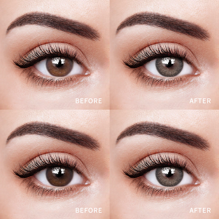 The before and after comparison of wearing Nebulae D-Gray Contact Lenses.